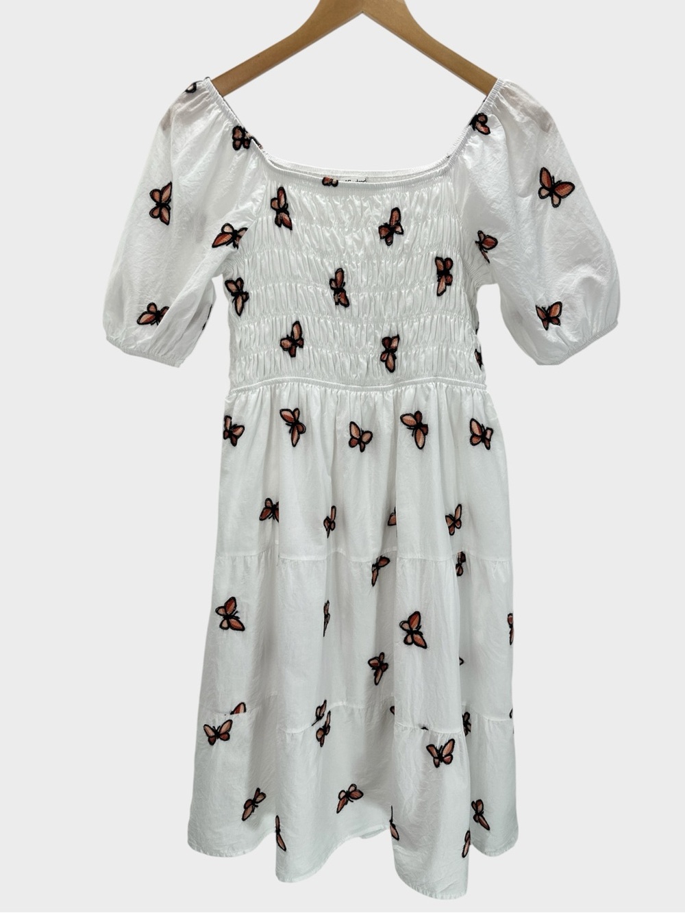 Kindred Butterfly Embroidered Cotton Smocked Midi Dress Puff Sleeve Meadow Fairy